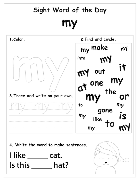 Foglio di lavoro educativo sight words per l'apprendimento in età prescolare e primaria, attività da colorare per