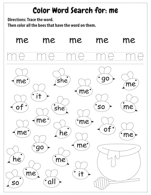 Sight Words Search Educatief werkblad voor voorschoolse en basisschool leren, Kleurplaten