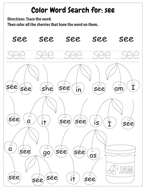 Sight Words Search Educatief werkblad voor voorschoolse en basisschool leren, Kleurplaten