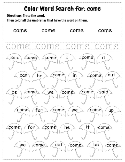 Sight Words Search Educatief werkblad voor voorschoolse en basisschool leren, Kleurplaten