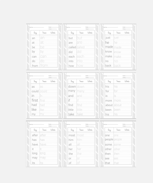 Sight Words Tracing-werkbladen