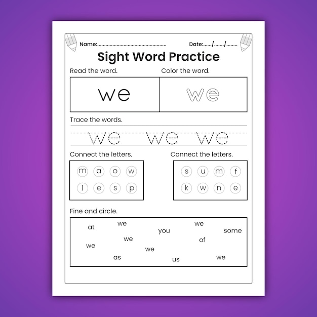 Vector sight words-werkbladen voor kinderen