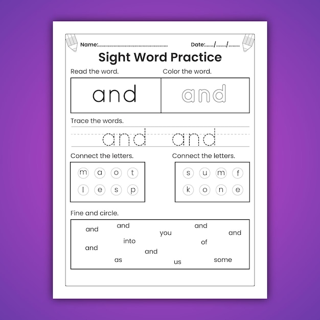 Sight words worksheets for kids