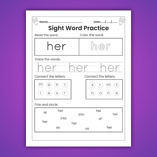 Sight words worksheets for kids