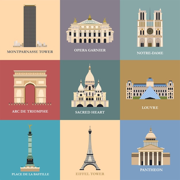 Vettore attrazioni di parigi. palazzi e monumenti famosi. architettura. francia.