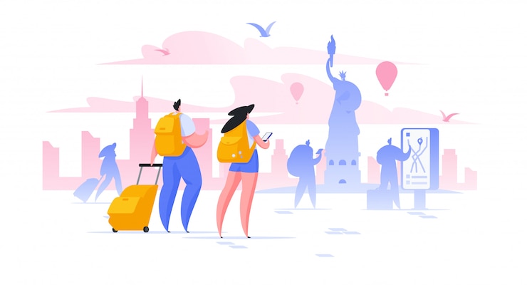 Vector sightseeing holiday in new york   illustration male and female tourists taking photo