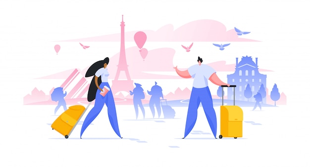 Vector sightseeing vakantie in parijs illustratie man en vrouw met koffers in europese stad