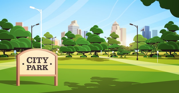 sign board in city park beautiful summer day skyline skyskraper buildings sunrise cityscape background