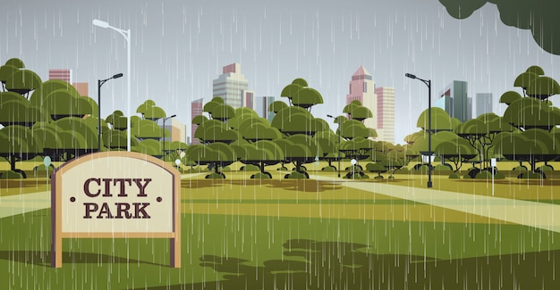 Vector sign board in city park rain drops falling rainy summer day skyline skyskraper buildings cityscape