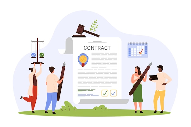 Sign contract or agreement business deal document approval and license by tiny people