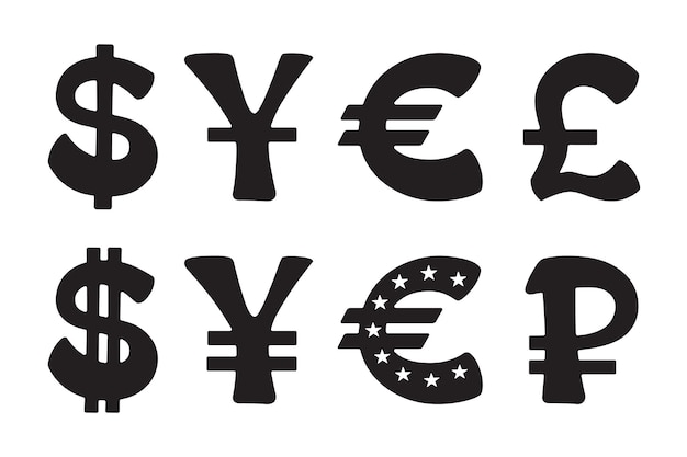 Sign of dollar euro yen yuan ruble pound vector illustration set of silhouette icon