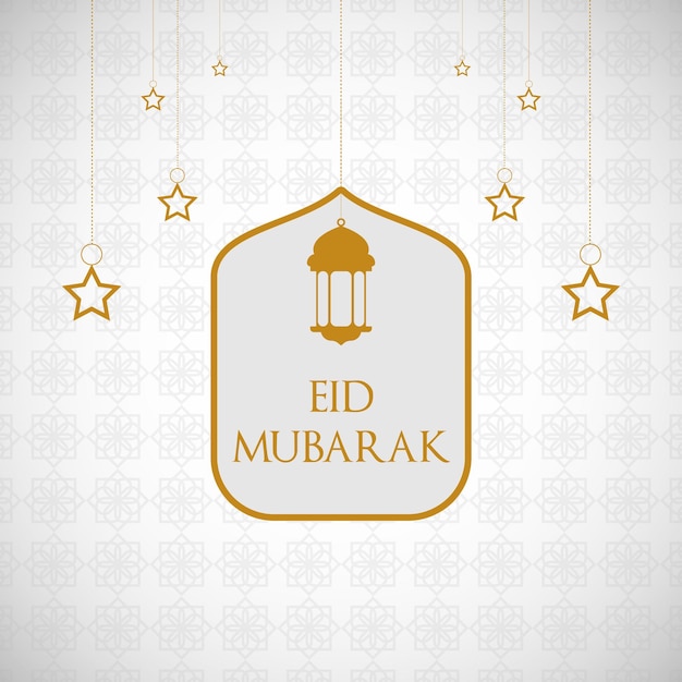 A sign for eid mubarak with stars on a light background