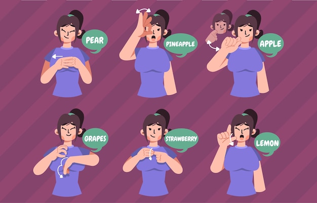 Sign Language for Fruits Character.