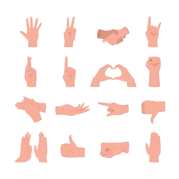 Sign language semi flat color vector hand gesture set