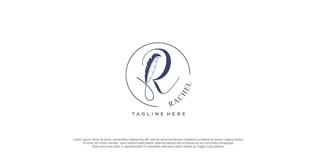 Sign logo with feather element and initial R design icon template