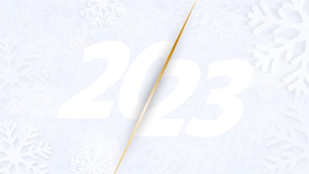 Vettore segno del nuovo anno 2023 su uno sfondo di fiocchi di neve banner per auguri di felice anno nuovo