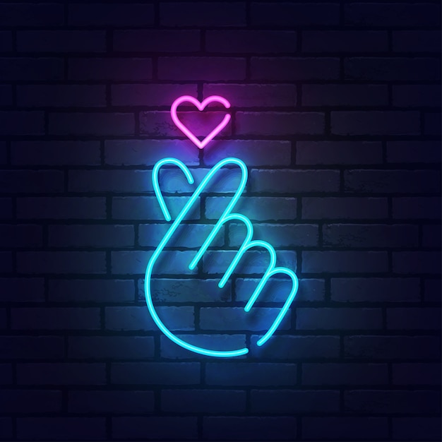 Вектор Знак сердца пальца с красочными неоновыми огнями изолированными на кирпичной стене.