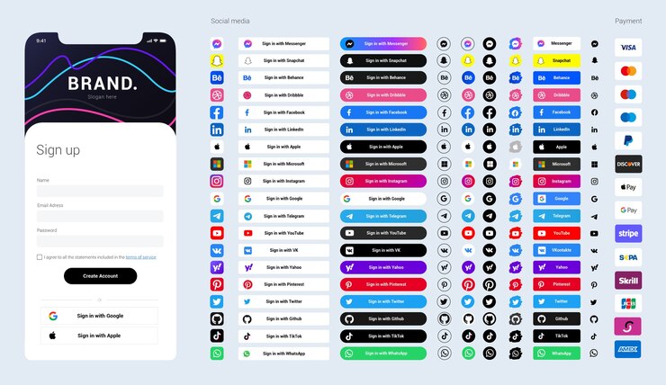 Vector モバイルインターフェース用のソーシャルメディアアイコンとボタンを含むサインインページ