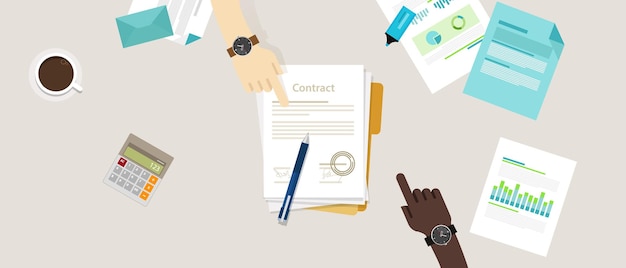 подпись на бумаге сделка контракт соглашение ручная ручка на столе два человека плоская бизнес иллюстрация вектор