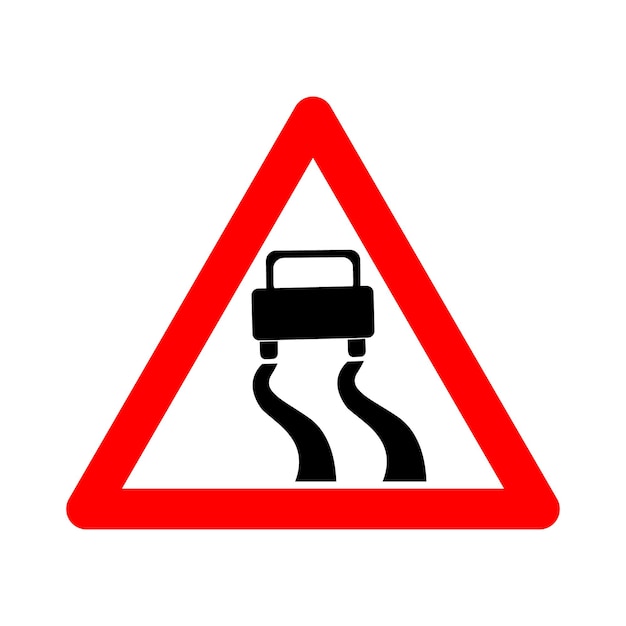 Sign slippery road Warning sign slippery road Red triangle Caution wet snowy icy road Skid risk