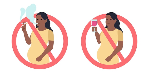 Sign not to smoke during pregnancy Alcohol drinking restriction Woman with cigarette and wine Warning stop symbols Forbidden products for pregnants Vector prohibited icons set