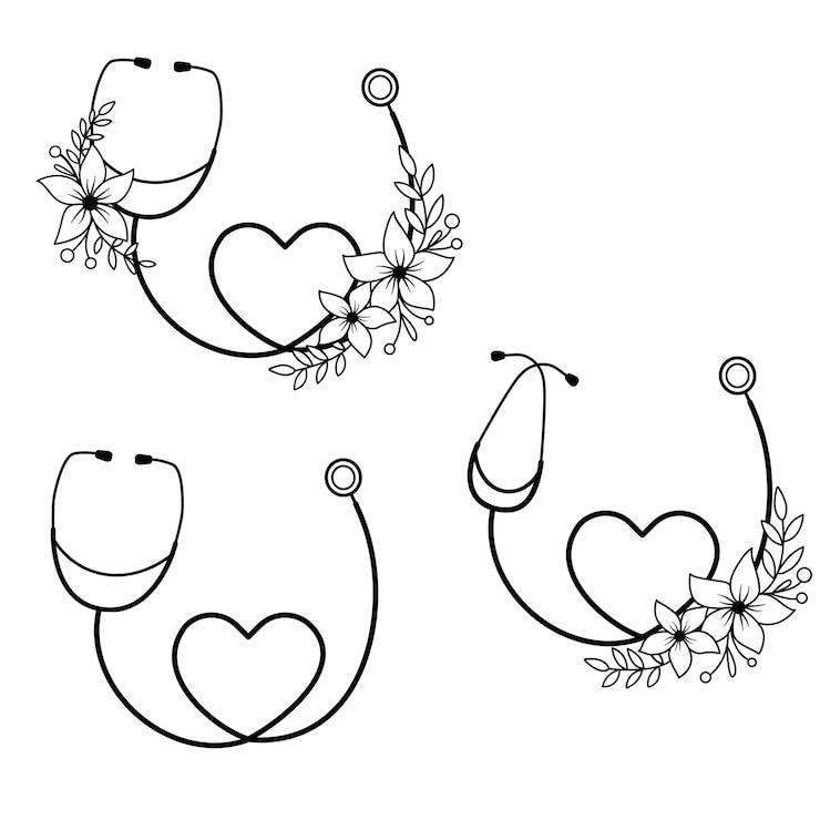 Vector sign stethoscope with flowers with heart. vector illustration isolated on white. medical logo in outline style.