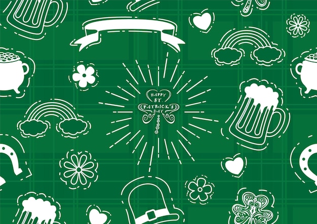 Vector sign and symbols of saint patricks day in flat style on green background seamless gift wrap and wallpaper of saint patricks day in vector design