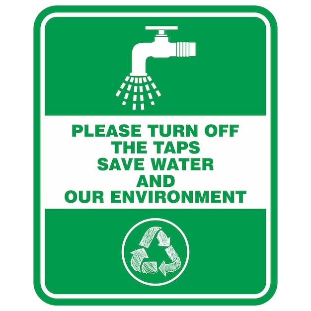 A sign that says " please turn off the taps save water and our environment "