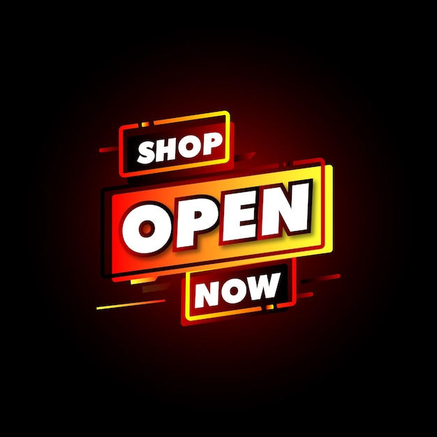 A sign that says shop open now on a black background.