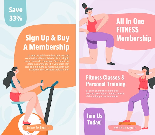 Sign up and buy membership all in one fitness classes and personal training Join us today bodybuilding and health care exercising Advertisement promotional banner vector in flat style