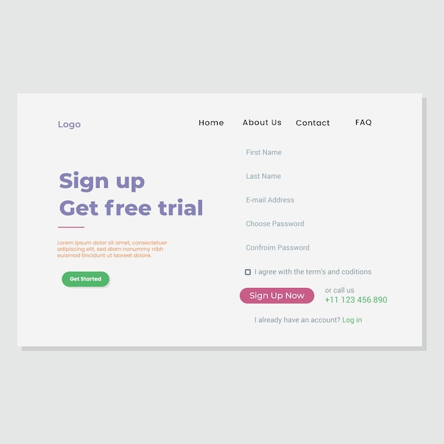 Sign up and get a free trial flat website landing page concept flat design