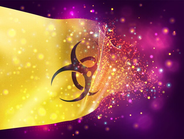 Sign of viral and bacterial danger on a yellow vector 3d flag on pink purple background with lighting and flares