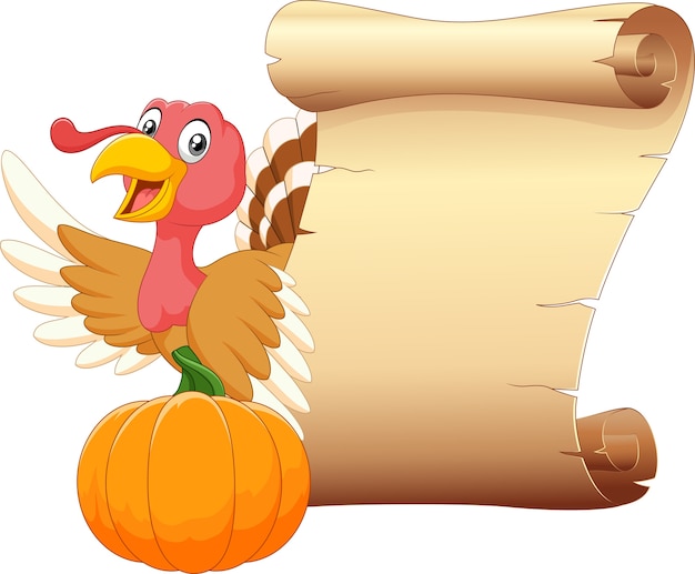 Sign with cartoon thanksgiving turkey bird and pumpkin