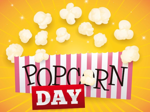 Vector sign with striped paper bag red label and delicious popped corn ready to be eaten during popcorn day