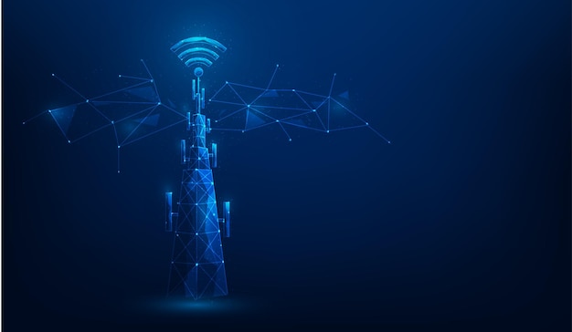 Vettore tecnologia di rete di telecomunicazioni della torre di segnalazione su sfondo blu internet wireless digitale