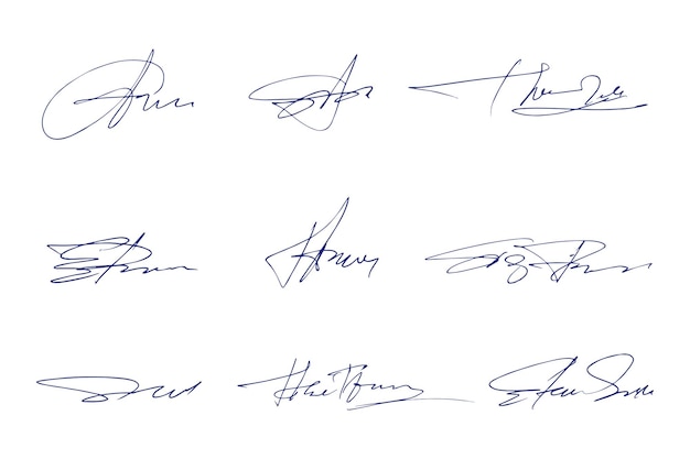 Signatures set fictitious handwritten signatures for signing documents on white background