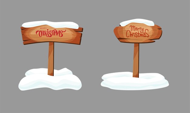 Vector signboards or wood planks of different textures with snow. merry christmas hand lettering text.