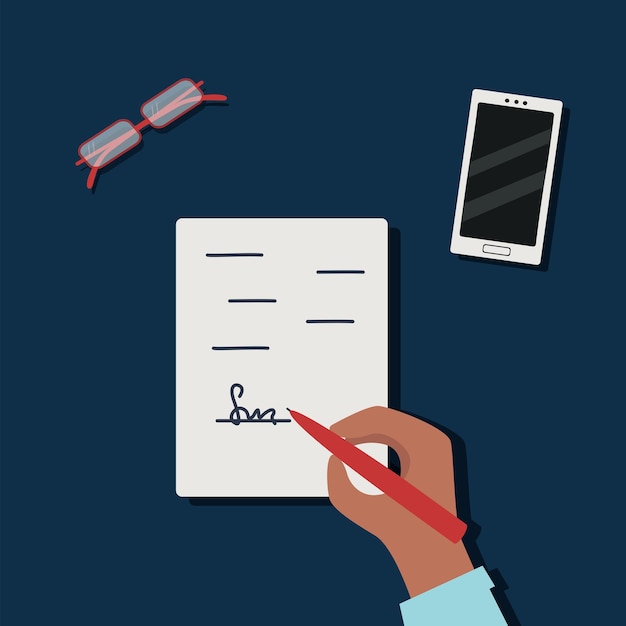 Подписание контракта рукой с ручкой подписывает бумажный документ векторная иллюстрация в плоском стиле