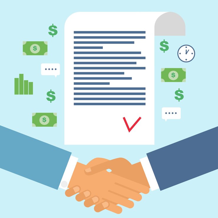 Vector signing of a contract business handshake for deal and teamwork concept shaking hands
