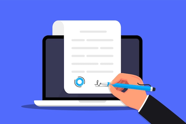 Vector signing an online document in the computer electronic signature concept digital signature electronic contract esignature vector illustration in flat design for business web banner mobile app