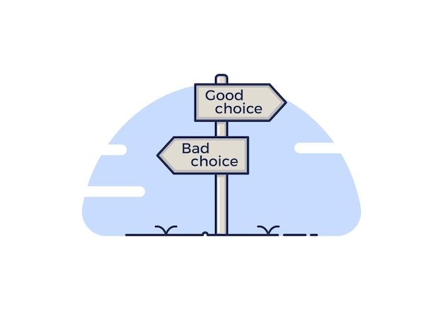 ベクトル 良い選択と悪い選択の間の 2 つの選択肢を持つ道標分離ベクトル図