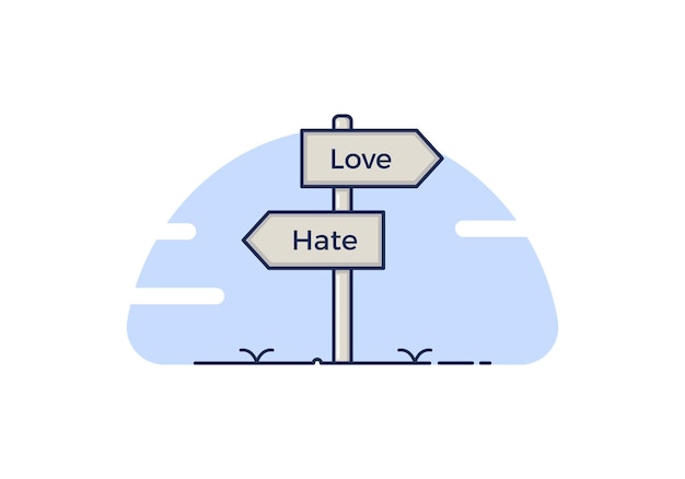 Указатель с 2 вариантами между любовью и ненавистью изолированная векторная иллюстрация
