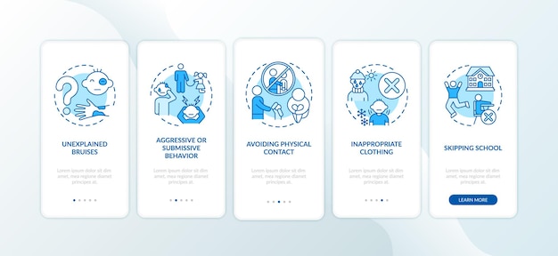 Signs of child abuse and neglect blue onboarding mobile app page screen with concepts