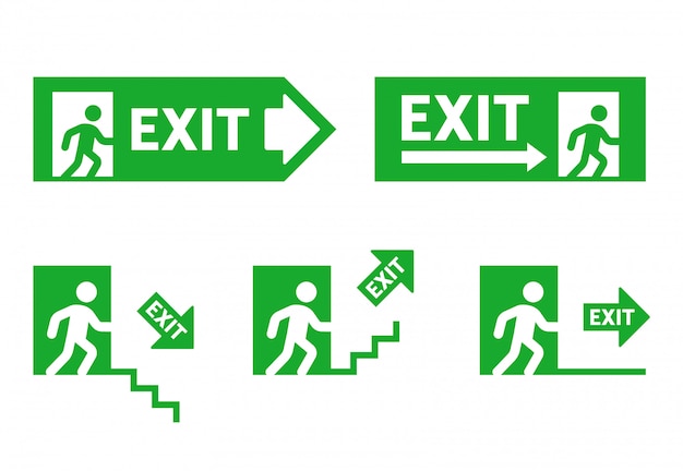 signs of direction during evacuation. emergency exit. running man to the door.  set illustration