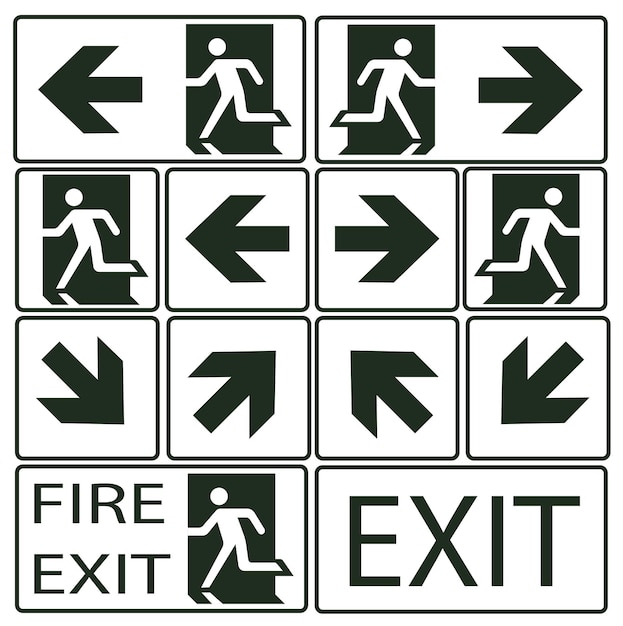 Vector signs of emergency fire exits a set of emergency and fire exit indicators