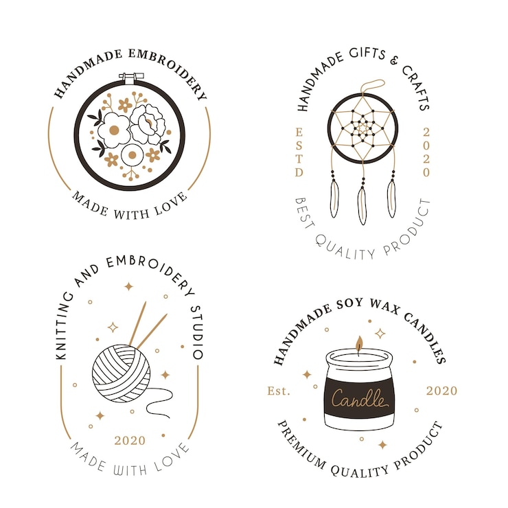 Vector signs handmade workshop products craft hipster linear black white and gold emblems minimalist hobbies and creativity badges art and embroidery studio handiwork shop logo vector line labels set