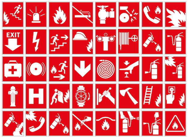 Vector signs of the necessary actions during a fire fire warnings and actions