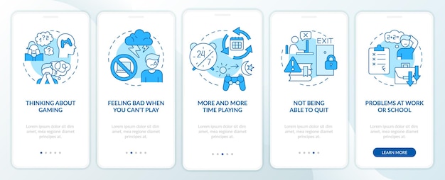ゲーム依存症の兆候青いオンボーディングモバイルアプリ画面