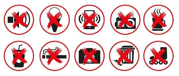 Знаки, запрещающие мусорить, употреблять алкоголь и напитки, курить сигареты.