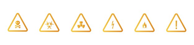 Signs with exclamation marks set icon Warning be careful death fire nuclear caution triangular round road traffic notification warn point Vector set line icon on white background